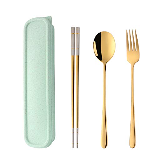 3 PCS Stainless Steel Travel Camping Flatware Set Fork Spoon Chopsticks with Portable Case (Gold)