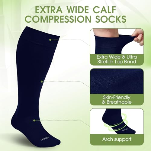 Plus Size Compression Socks for Women&Men Viscose for Bamboo Wide Calf 15 (4X-Large / 3 Pair-navy Blue)