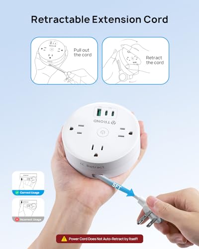 20W USB C Travel Power Strip (5ft Fully Retractable Cord / PD 20W USB C / White)
