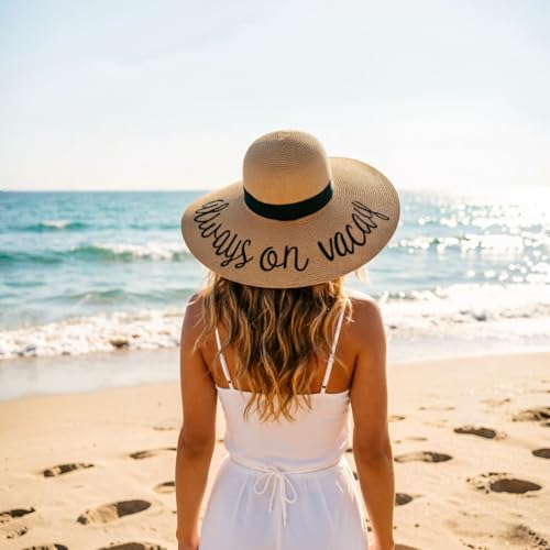 Big Straw Sun Hats for Women Floppy Foldable Roll up Beach Cap Sun Hat UPF 50+ Vacation Honeymoon Embroidered Hat (Ae Always on Vacay: Khakiv)