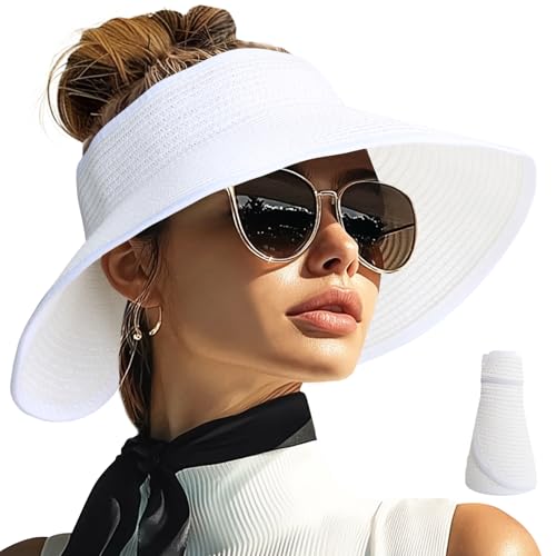 Sun Visor Hats for Women Wide Brim Straw Packable Beach Hat White (White)