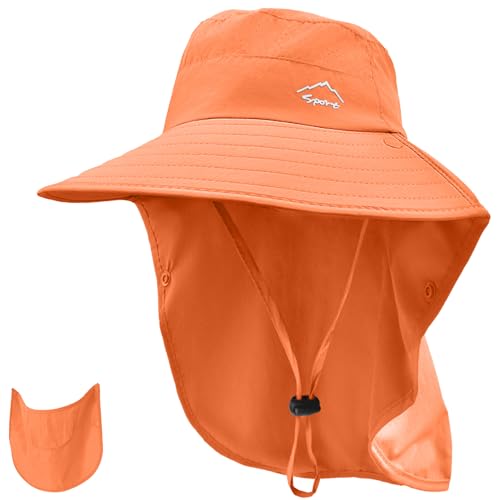 Sun Hat for Men Women with Neck Flap& Removable Face Cover Wide Brim (1pack-orange)