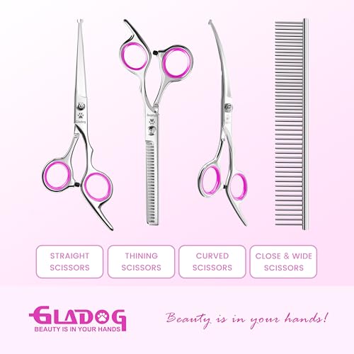 Professional 5 in 1 Dog & Cat Grooming Scissors Set with Safety Round Tips (Pink 5 in 1)
