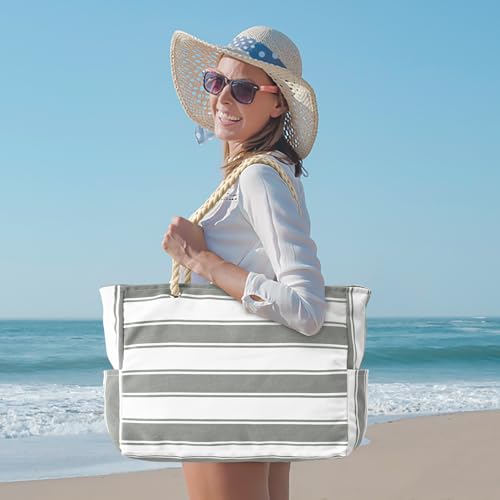 Beach Bags for Women Large Waterproof Beach Tote Bag Zipper Beach Bags Waterproof Sandproof Swim Pool Bag Large Tote (Light Grey Stripe)