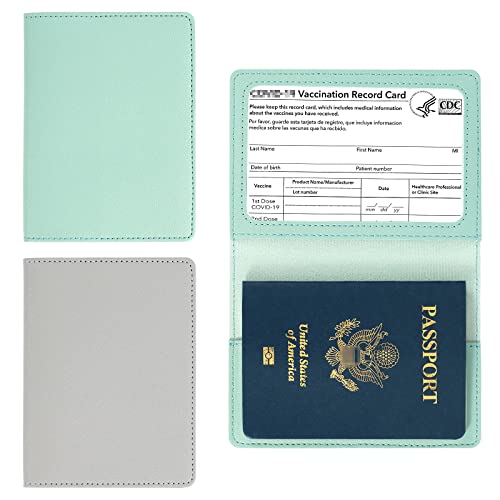 2 Pack Passport covers and Vaccine Card Holder PU Leather Passport Wallet Vaccine Case Protector Slot Travel Passport Wallets for Women & Men (Green)