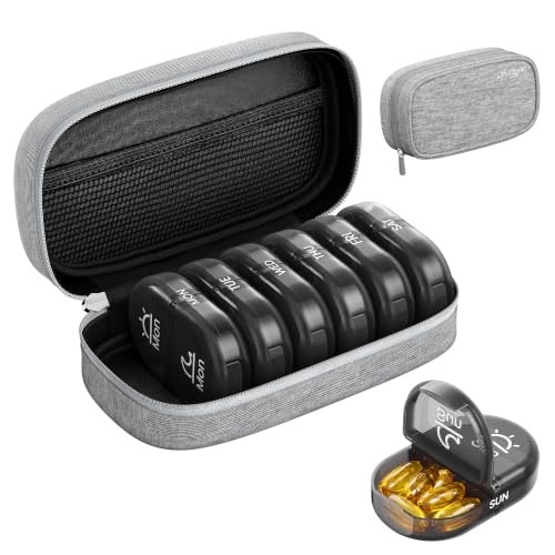 Weekly Travel Pill Organizer 2 Times a Day AM PM Black Pill Box (A Canvas Grey 01 / 1 Set Canvas Case)
