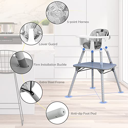 6-in-1 High Chair, Convertible Highchair for Babies and Toddlers/Kids Chair Table Set/Infant Feeding Chair w/Safety Harness, PU Leather Cushion & Removable Food Tray (Gray) (Gray)