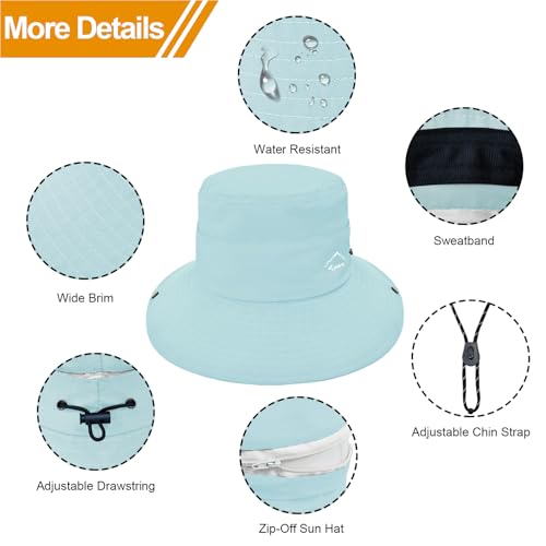 Sun Hats for Women Bucket Hat UV Protection Fishing Hat Wide Brim Safari Hats 2 in 1 Zip (1pack-light Blue)