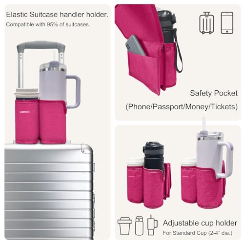 2 in 1 Luggage Cup Holder for Suitcase Airplane Drink Carrier Travel (pink)