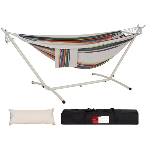 LazyDaze Hammocks Double Hammock with Stand (White Frame- Rainbow)