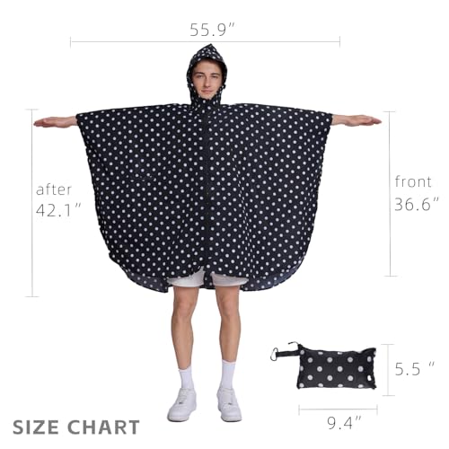 Cloak raincoat Unisex poncho Adult hooded men and women with pockets Mountaineering hiking rainstorm prevention (One Size / Black Point)