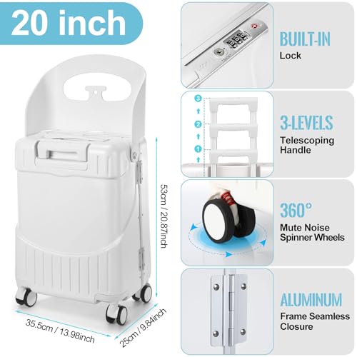 Carry on Luggage with Seat for Kids Expandable Ride on Suitcase with Spinner Wheels and Locks for Travel (White / 20 Inch)