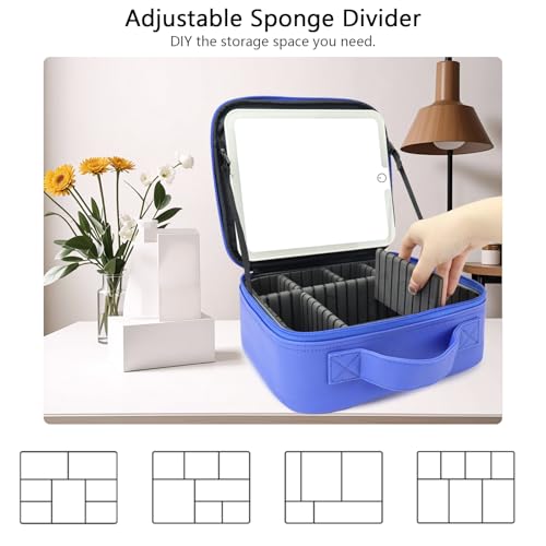 Travel Makeup Bag with LED Mirror Travel Makeup Organizer with 3 Lighted Settings (Dark Blue / With LED Mirror Only)