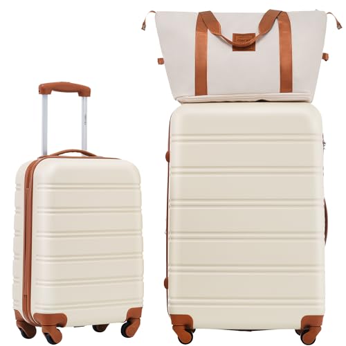 Luggage sets of 2 Piece (3-Piece Set(20+28IN+Bag) / White and Brown)