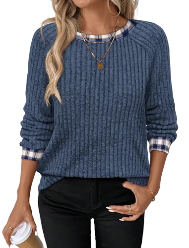 Womens Tops Business Casual Outfits for Women Teachers Old Money Clothes Blouses Dressy Casual Trendy Long Sleeve Plaid Shirts Plus Size Fall Fashion Blue Plaid (Large / 08-blue Plaid)