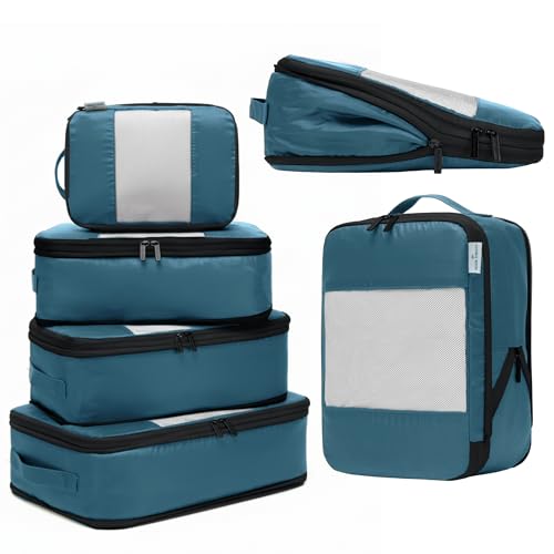 6 Pack Large Compression Packing Cubes for Travel (Teal Black / 6 Pack)