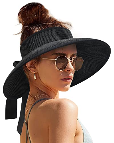 Women's Straw Sun Visor Hat UPF Wide Shade Ponytail Summer Hat (One Size / Black)