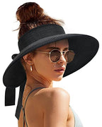 Women's Straw Sun Visor Hat UPF Wide Shade Ponytail Summer Hat (One Size / Black)