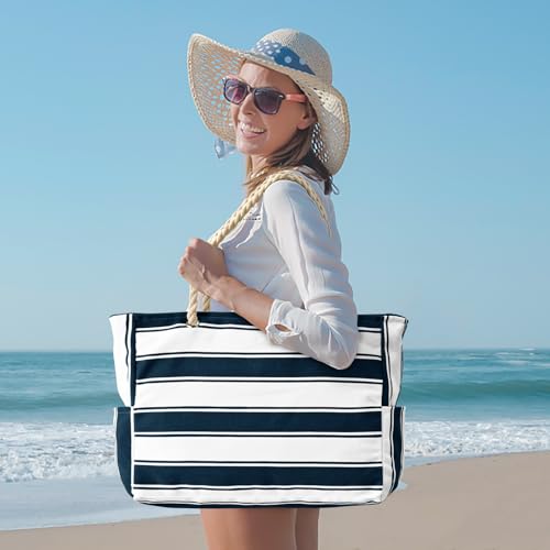 Beach Bags for Women Large Waterproof Beach Tote Bag Zipper Beach Bags Waterproof Sandproof Swim Pool Bag Large Tote (Dark Blue Stripe)