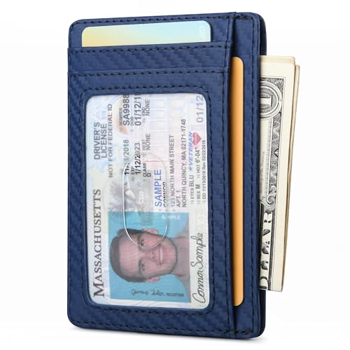 Slim Minimalist Front Pocket RFID Blocking Leather Wallets for Men and Women (Small / Carbon Fiber Blue)