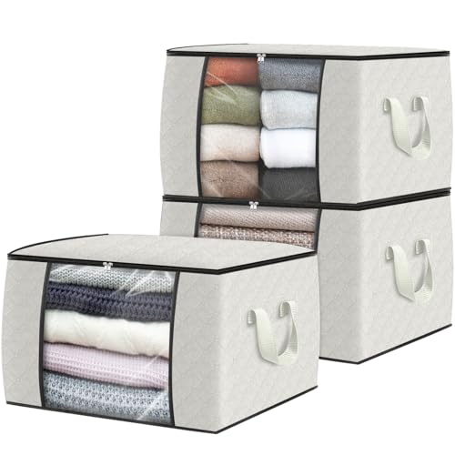 3 Pack Storage Bags for Clothes Blanket Storage Bins with Lids (3 Pack-60l / Ivory)