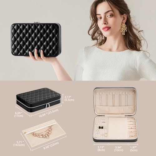 Travel Jewelry Case for Women Girls (Black / Large (10"W*6.69"D*2.17"H))