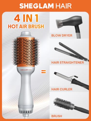 4-in-1 Hot Air Brush - Hair Dryer & Styler with 33000 RPM Motor, Gloss PRO Coating for Shine, 3 Heat Settings, Tangle-Free Ionic Bristles for Frizz-Free Blowouts (US Plug) (Standard)