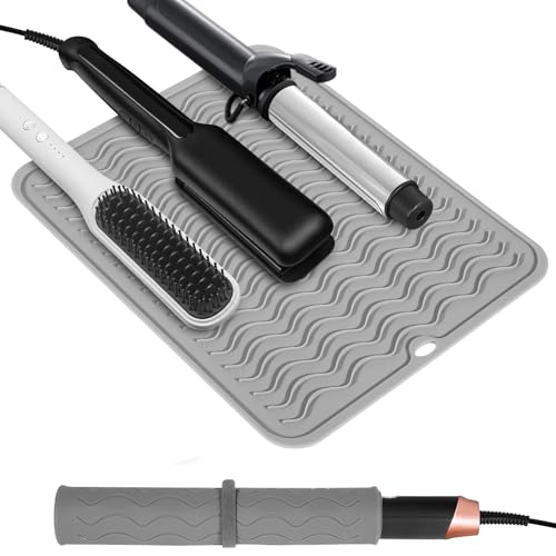 Heat Resistant Mat Oversize Curling Iron Mat Silicone Hot Hair Tools Mat for Hair Straightener (Gray)