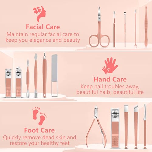 Manicure Set 16Pcs Professional Stainless Steel Pedicure Kit Mens Grooming Kit Fingernail & Toenail Clippers Set Manicure Kit with Luxurious Travel Bag (16Pcs-Pink)