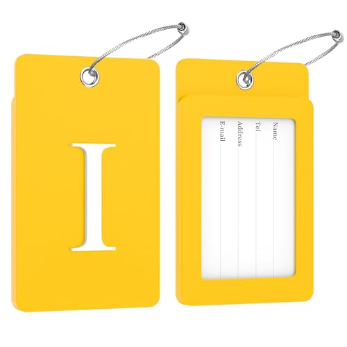 2 Pack Initial Luggage Tags for Suitcases Airplane Travel Essentials (Large I / Yellow)
