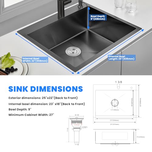 25x22 Inch Drop In Kitchen Sink (L 25"×W 22"×H 9" / Black)
