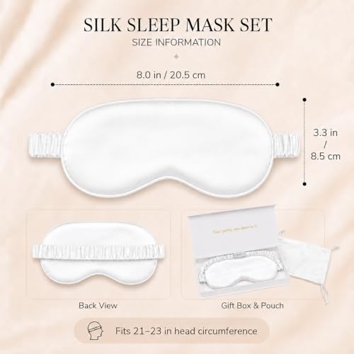 Silk Sleep Mask Light Blocking Luxury 100% Mulberry 19mm Silk Eye Mask Eye Cover Blindfold Ultra Soft Light & Comfy Anti Aging Skin Care with Travel Bag Gift Package (White)