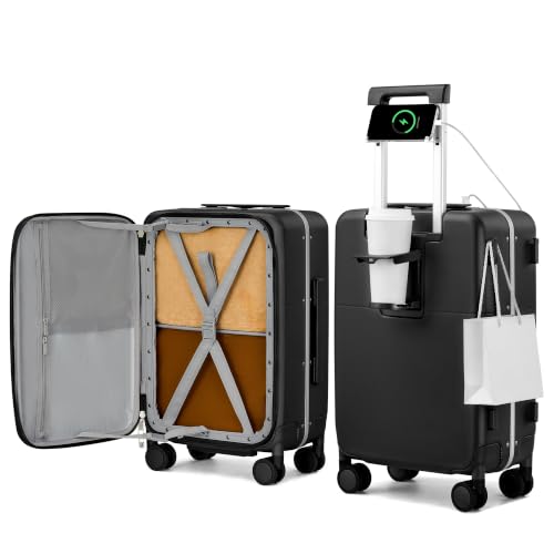 20 Inch Top Opening Carry On Luggage with Cup Holder and USB Ports (Jet Black / 20 Inch Pro)