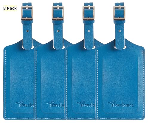 8 Pack Leather Luggage Tags for Suitcases Travel Tags (Blue)