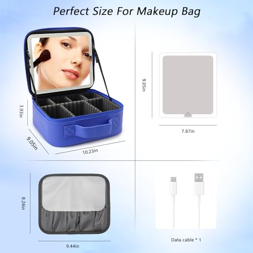 Travel Makeup Bag with LED Mirror Travel Makeup Organizer with 3 Lighted Settings (Dark Blue / With LED Mirror Only)