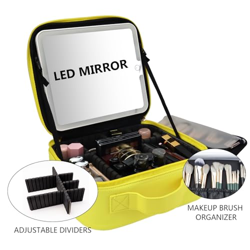 Travel Makeup Bag with LED Mirror Travel Makeup Organizer with 3 Lighted Settings (Yellow / With LED Mirror Only)