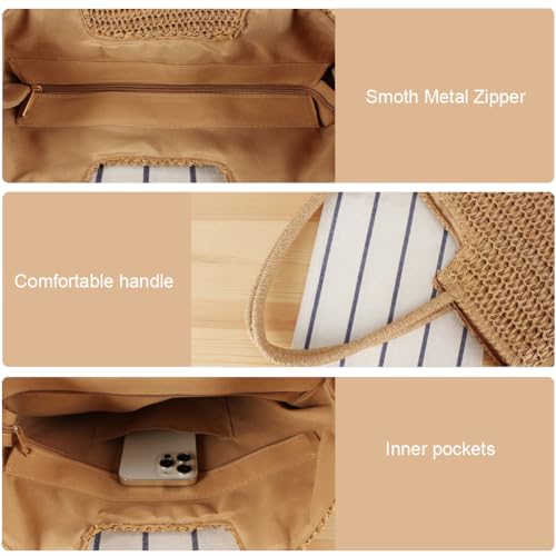 Straw Beach Bags for Women Summer Tote Bag Boho Shoulder Purse (C Khaki)