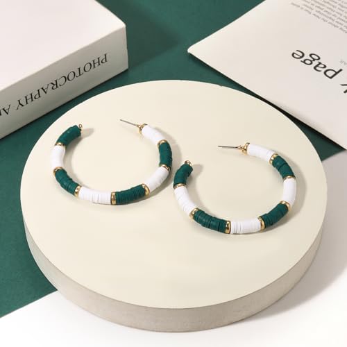 Game Day Earrings Football Baseball Earrings for Women Sports Team Heishi Hoop Earring Football Accessories Outfits Cheer Mom Essentials Fall Sports Must Haves Cheer Gifts (Green White)