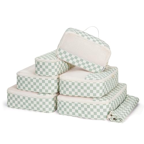 7 Set Checkered Packing Cubes for Travel Kids Women (AB-Mint Green Checkerboard / 7 Set)