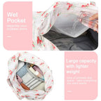 Waterproof Beach Tote Pool Bags for Women Ladies Extra Large Carry On Bag With Wet Compartment for Weekender Travel (Red Strawberry & White Floral)