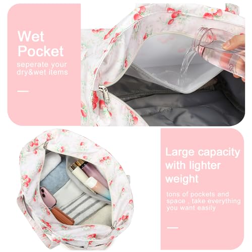 Waterproof Beach Tote Pool Bags for Women Ladies Extra Large Carry On Bag With Wet Compartment for Weekender Travel (Red Strawberry & White Floral)