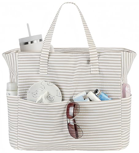 Beach Bag Sandproof Women Tote Bag Pool Bag with Zipper for Gym Grocery Travel with Wet Pocket (Khaki Stripe)