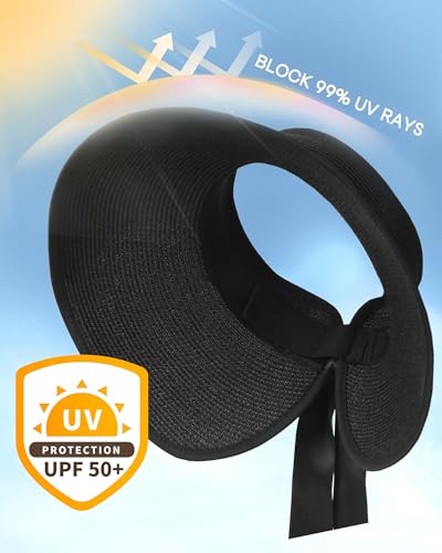 Women's Straw Sun Visor Hat UPF Wide Shade Ponytail Summer Hat (One Size / Black)