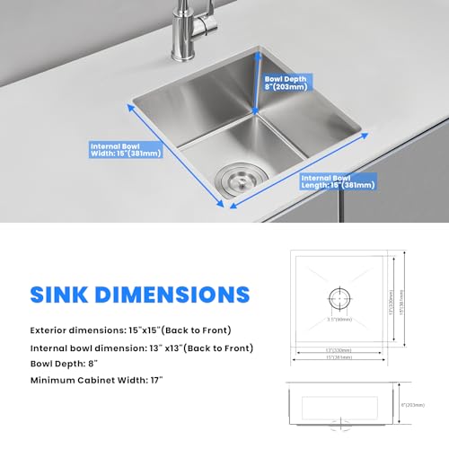 15×15 Inch Undermount Kitchen Bar Sink (L 15"×W 15"×H 8" / Brushed)