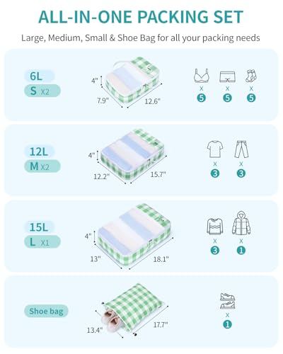 6 Set Packing Cubes for Travel Durable Suitcase Organizer Bags Set with Personalized Tag Travel Essentials with Shoe Bag Traveling Accessories for Luggage Machine Washable (Set of 6 / Light Green)