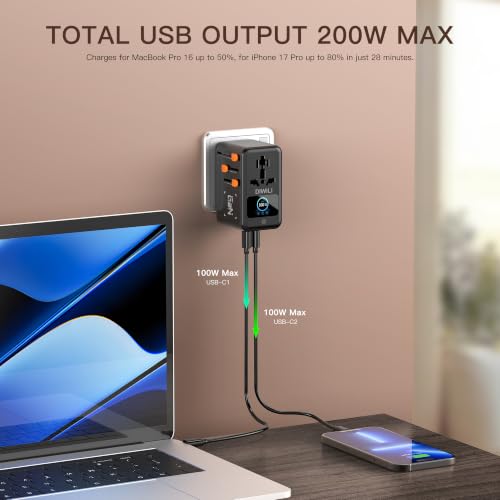 200W GaN Universal Travel Adapter with Smart Display for EU (Black)