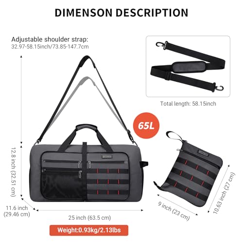 Foldable Duffle Bag for Men Large 65L Travel with Shoe Compartment (Silvery Grey)
