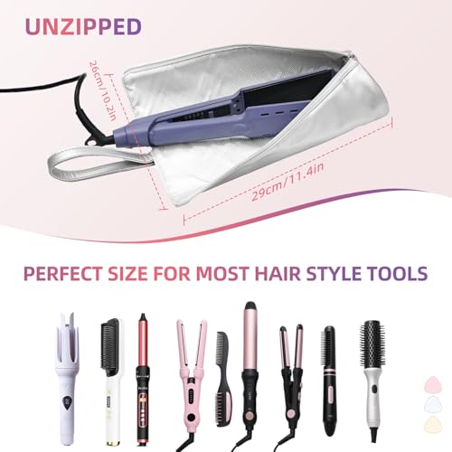2-in-1 Heat Resistant Mat & Bag for Hair Styling Tools, Hanging Curling Iron Holder Flat Iron Holder with Zip, Portable Hot Hair Tools Travel Bag, Hair Straightener Mat Pouch for Countertop (Silver)