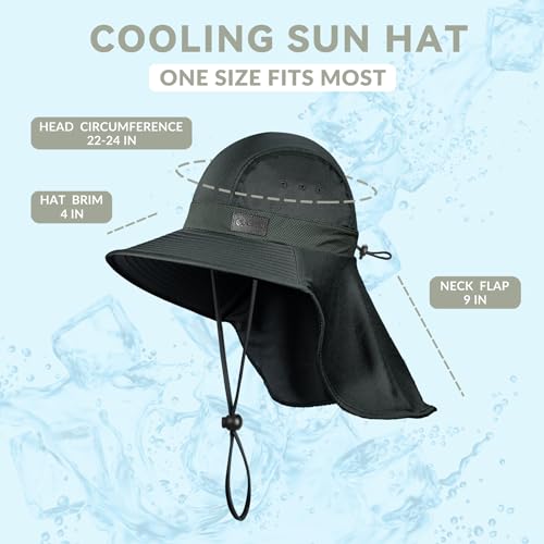 Cooling Sun Hat for Men Women UPF50+ Wide Brim Fishing Hat with Neck Flap Adjustable Foldable Bucket Hat for Hiking Black (Black)