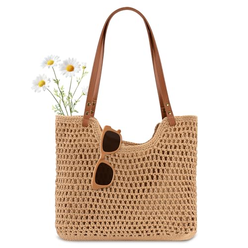 Crochet Beach Bag for Women Summer Purse Boho Small Tote (Khaki Bag)